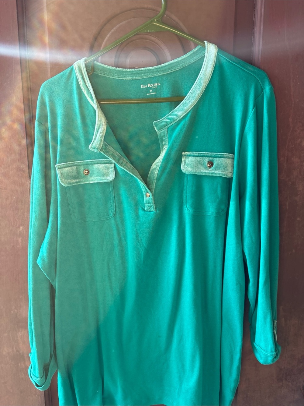 Kim Rogers Teal Long-Sleeve Henley Top with Contrast Trim